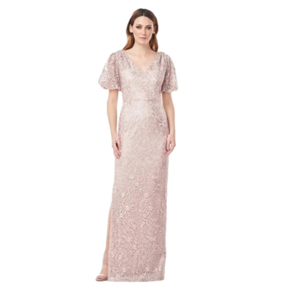 JS COLLECTIONS RIVER PUFF SLEEVE lace COLUMN GOWN dress Size 8 Blush new!!! - Picture 1 of 16